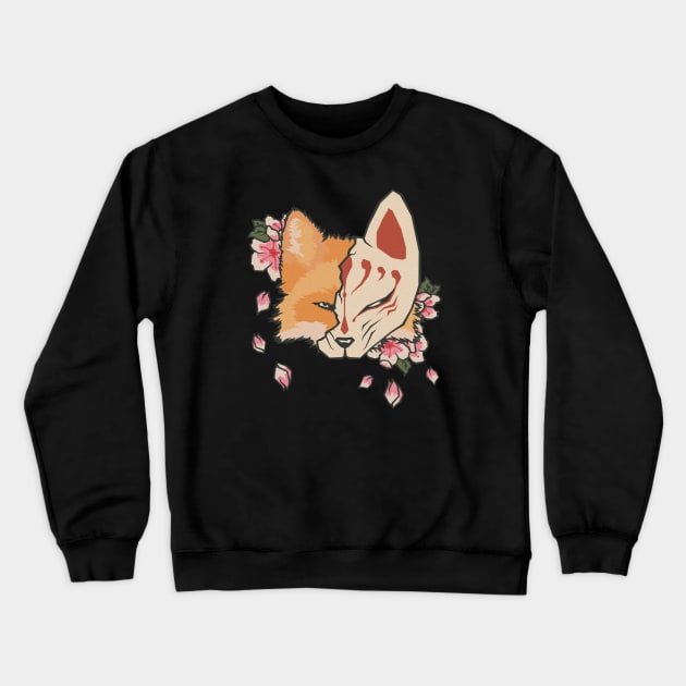 Kitsune Masked Fox Sakura Crewneck Sweatshirt by MythoCulture